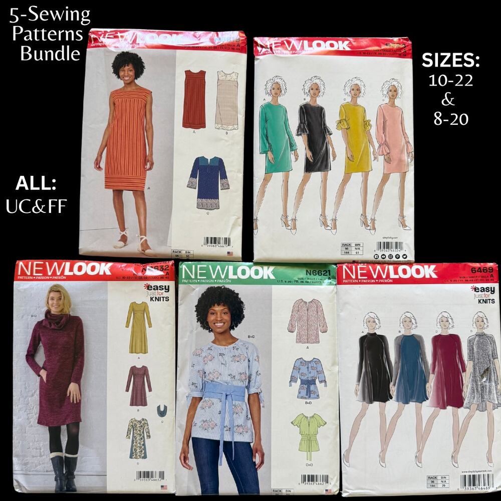 5 Piece Lot -UC&FF- New Look Sewing Patterns Size 10-22 & 8-20, Dresses, Blouse